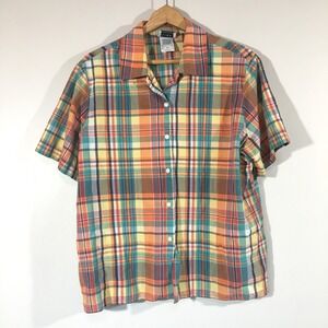 Nikki Plaid Short Sleeve Button Up Shirt Womans Plus Size 18 Orange Green Yellow